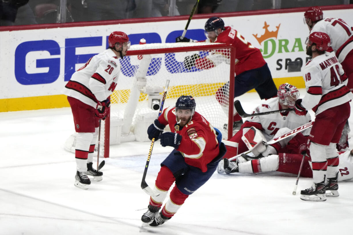 Florida Panthers left wing Matthew Tkachuk (19) reacts after scoring the game-winning goal against the Carolina Hurricanes in the waning seconds of the third period of Game 4 of the NHL hockey Stanley Cup Eastern Conference finals Wednesday, May 24, 2023, in Sunrise, Fla.
