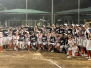 Battle Ground and Skyview players pose for photos after both 4A Greater St. Helens League teams saw their seasons come to an end at the Class 4A state softball tournament on Friday, May 26, 2023, in Richland.