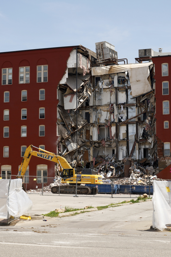 Damage is seen to The Davenport on Main Street in Davenport, Iowa, on Monday, May 29, 2023. A section of the six-story downtown apartment building collapsed Sunday.