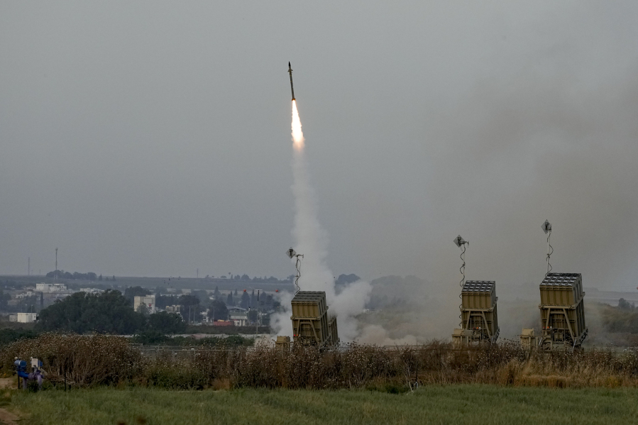 Israel's Iron Dome anti-missile system fires to intercept a rocket launched from the Gaza Strip towards Israel, near Sderot, Israel, Thursday, May 11, 2023.