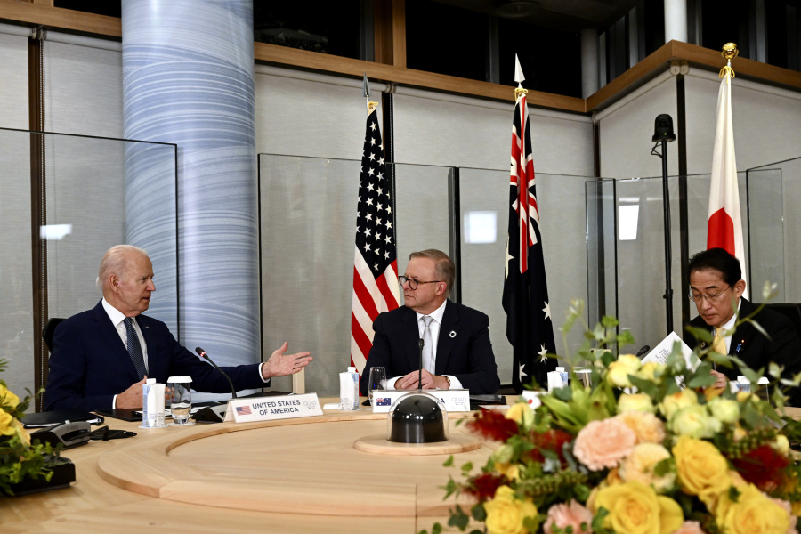 U.S. President Joe Biden, left, Australian Prime Minister Anthony Albanese, second left, Japanese Prime Minister Fumio Kishida, third left, and Indian Prime Minister Narendra Modi attend a Quad Leaders' meeting, on the sidelines of the G7 summit in Hiroshima, western Japan, Saturday, May 20, 2023.
