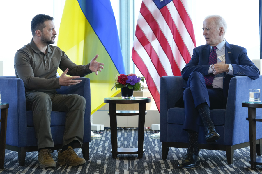 President Joe Biden meets with Ukrainian President Volodymyr Zelenskyy on the sidelines of the G7 Summit in Hiroshima, Japan, Sunday, May 21, 2023.