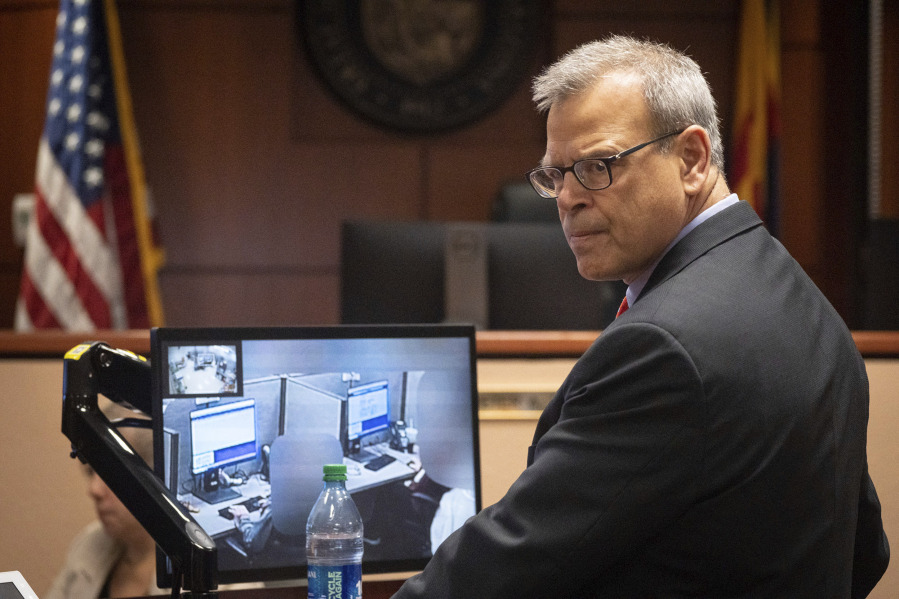 Attorney Kurt Olsen looks on during his opening statement in Kari Lake's election challenge trial, Wednesday, May 17, 2023, in Maricopa County Superior Court, Mesa, Ariz. Maricopa County has a failed process for verifying thousands of ballot signatures that even some of its own workers question, attorneys for Lake, the 2022 Republican candidate for Arizona governor, argued in court Wednesday.