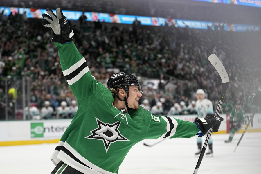 Dallas Stars' Roope Hintz celebrates after scoring against the Seattle Kraken during the first period of Game 5 of an NHL hockey Stanley Cup second-round playoff series Thursday, May 11, 2023, in Dallas.