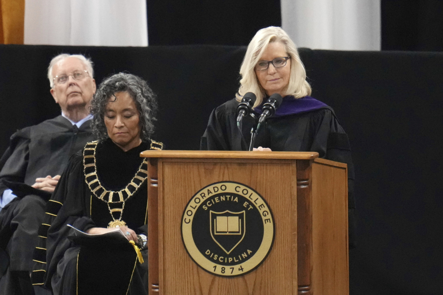 Former U.S. Rep. Liz Cheney, R-Wyo., delivers the commencement address at Colorado College, Sunday, May 28, 2023, in Colorado Springs, Colo.