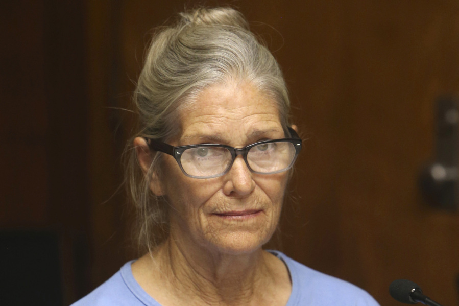 FILE - Leslie Van Houten attends her parole hearing at the California Institution for Women Sept. 6, 2017 in Corona, Calif. A California appeals court says Charles Manson follower Van Houten should be paroled. The appellate court's Tuesday, May 30, 2023, decision reverses an earlier decision by Gov. Gavin Newsom, who rejected her parole in 2020. His administration could appeal.