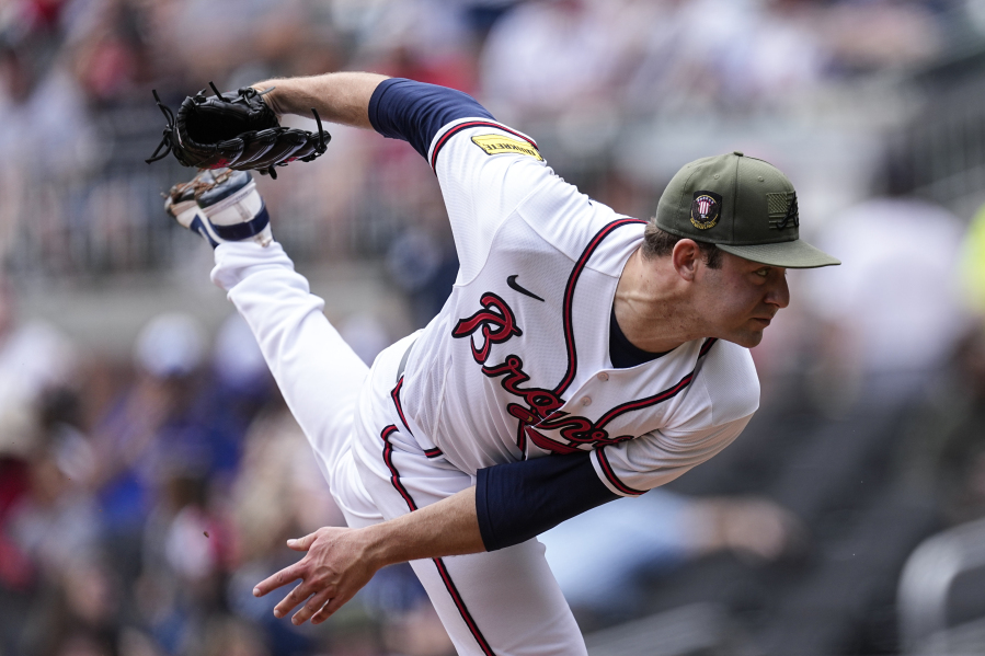 Atlanta Braves starting pitcher Jared Shuster delivers in the first inning of a baseball game against the Seattle Mariners, Sunday, May 21, 2023, in Atlanta.