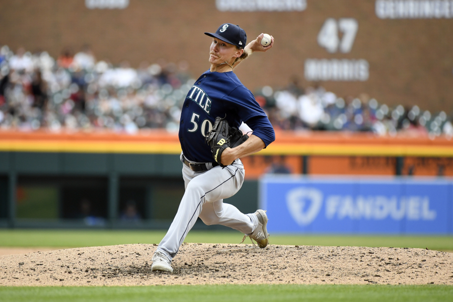 Seattle Mariners starting pitcher Bryce Miller throws against the Detroit Tigers in the seventh inning of a baseball game, Saturday, May 13, 2023, in Detroit.