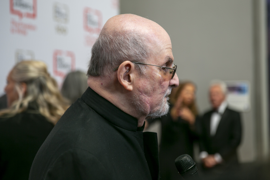 Author Salman Rushdie speaks to the media at the annual gala of PEN America on Thursday, May 18, 2023. It was his first in-person appearance at a public event since he was attacked last August while on stage at a literary festival in Western New York.