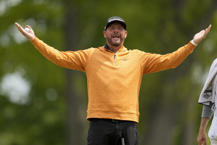 Michael Block reacts after his second round at the PGA Championship golf tournament at Oak Hill Country Club on Friday, May 19, 2023, in Pittsford, N.Y.