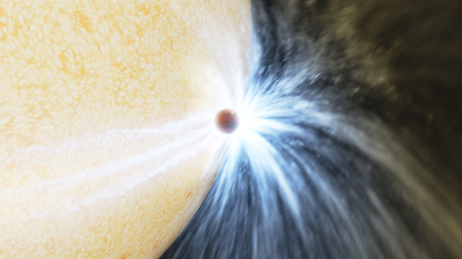 This illustration provided Caltech/IPAC by depicts a planet skimming the surface of its star. Astronomers reported their observations Wednesday, May 3, 2023, of what appears to be a gas giant at least the size of Jupiter being eaten by its star. The sun-like star had been puffing up with old age for eons and finally got so big that it engulfed the close-orbiting planet. (K. Miller, R.