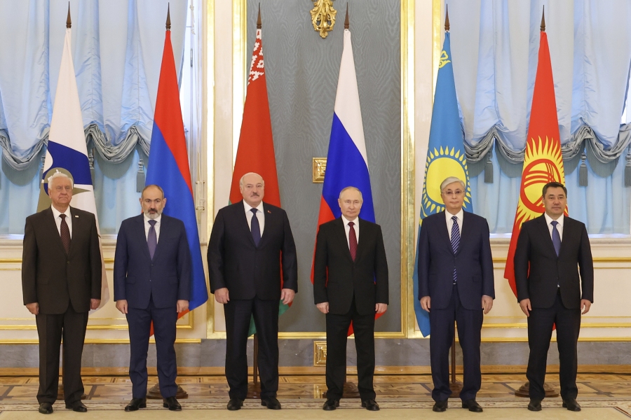 In this handout photo released by Roscongress Foundation, from left; Mikhail Myasnikovich, chairman of the Board of the Eurasian Economic Commission, Armenia's Prime Minister Nikol Pashinyan, Belarus' President Alexander Lukashenko, Russia's President Vladimir Putin, Kazakhstan's President Kassym-Jomart Tokayev and Kyrgyzstan's President Sadyr Japarov pose for a photo during a meeting of the Supreme Eurasian Economic Council at the Kremlin in Moscow, Russia, on Thursday, May 25, 2023.