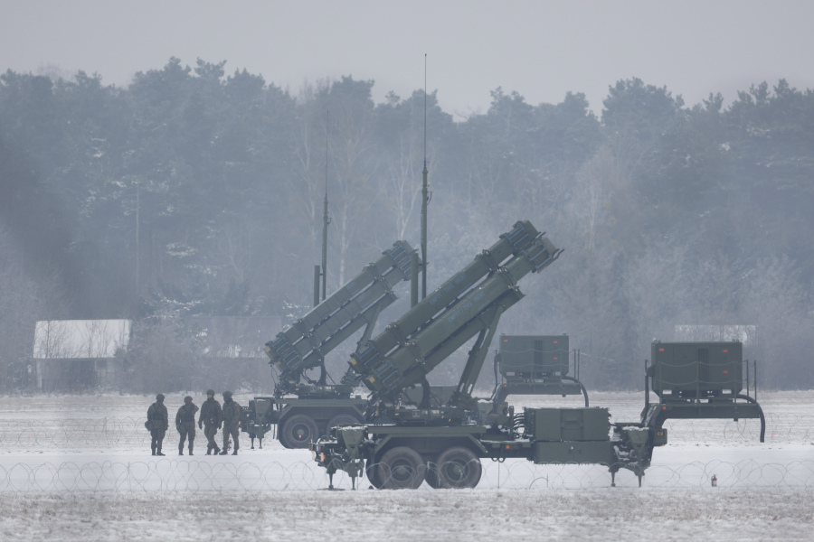 FILE - Patriot missile launchers acquired from the U.S. last year are seen deployed in Warsaw, Poland, on Feb. 6, 2023. Ukraine's defense minister said Wednesday April 19, 2023 his country has received U.S-made Patriot surface-to-air guided missile systems it has long craved and which Kyiv hopes will help shield it from Russian strikes during the war.