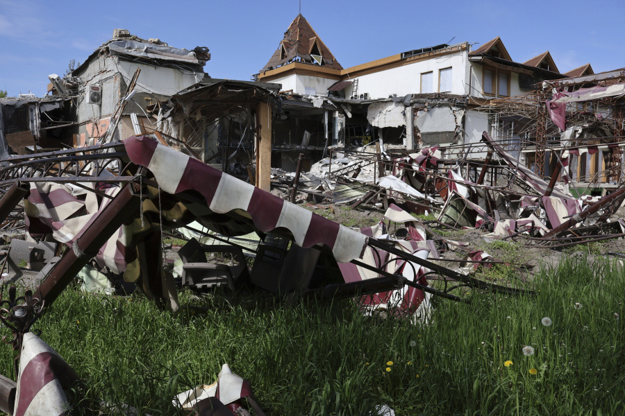 A view of the remains of Sunrise Park Hotel following Russian shelling, in Zaporizhia, Ukraine, Friday, May 5, 2023.
