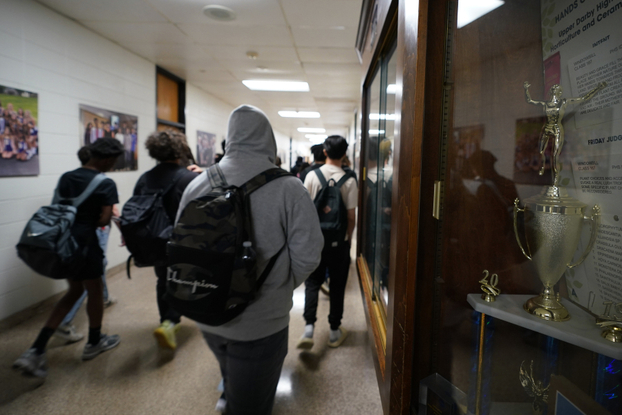 Students walk through Upper Darby High School, Wednesday, April 12, 2023, in Drexel Hill, Pa.  For some schools, the pandemic allowed experimentation to try new schedules.