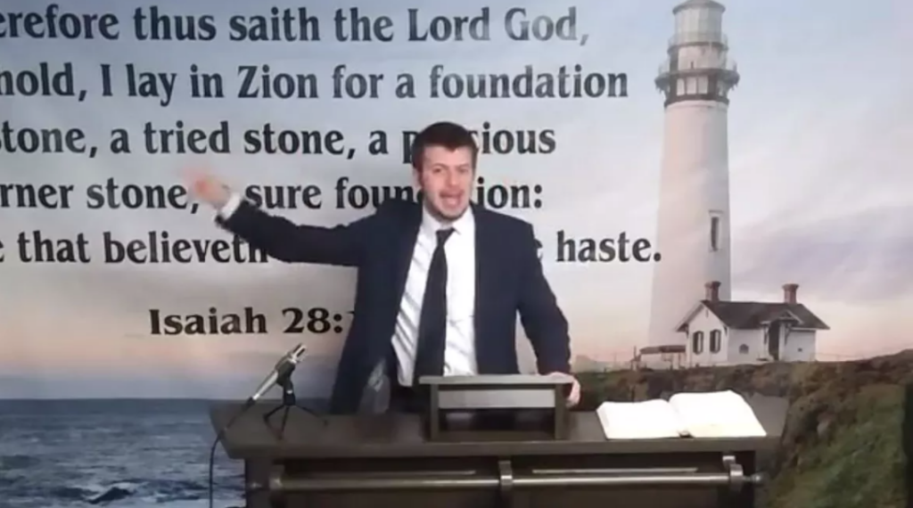 This screenshot from video of Pastor Jason Graber, of the Sure Foundation Baptist Church, is going viral for spreading messages that could incite violence toward the transgender community.
