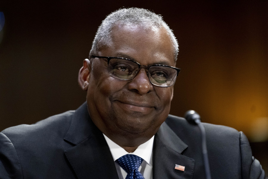 Secretary of Defense Lloyd Austin smiles as he appears before a Senate Appropriations hearing on the President's proposed budget request for fiscal year 2024, on Capitol Hill in Washington, Tuesday, May 16, 2023.