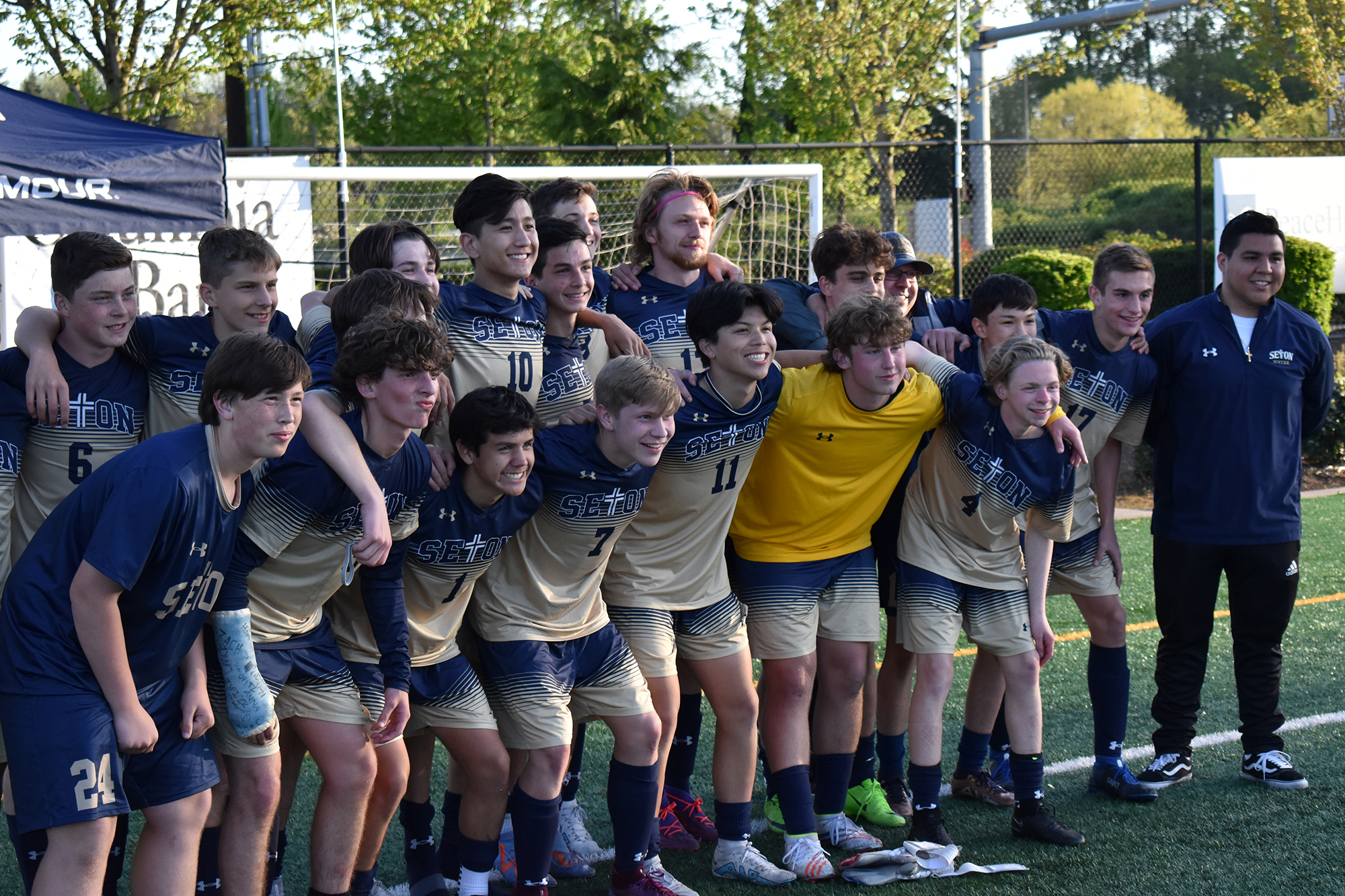 The Seton Catholic boys soccer team poses for a team photo after beating King's Way Christian 2-1 in a 1A district playoff game on Tuesday, May 9, 2023.