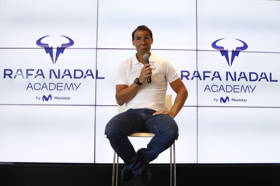 Spain's Rafael Nadal speaks during a press conference at his tennis academy in Manacor, Mallorca, Spain, Thursday May 18, 2023. Nadal said he need to stop playing for a while after been sidelined by an injured left hip flexor since January.