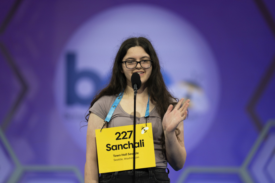Sanchali Bohacek, 14, from Seattle, competes during the Scripps National Spelling Bee, Tuesday, May 30, 2023, in Oxon Hill, Md.