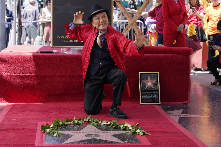 Actor James Hong poses after being honored with a star on the Hollywood Walk of Fame on May 10, 2022, in the Hollywood section of Los Angeles. (Mark J.