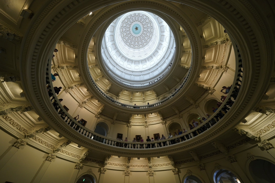 Visitors line the balcony of the rotunda before the impeachment proceedings against state Attorney General Ken Paxton at the House Chamber at the Texas Capitol in Austin, Texas, Saturday, May 27, 2023. Texas lawmakers have issued 20 articles of impeachment against Paxton, ranging from bribery to abuse of public trust as state Republicans surged toward a swift and sudden vote that could remove him from office.
