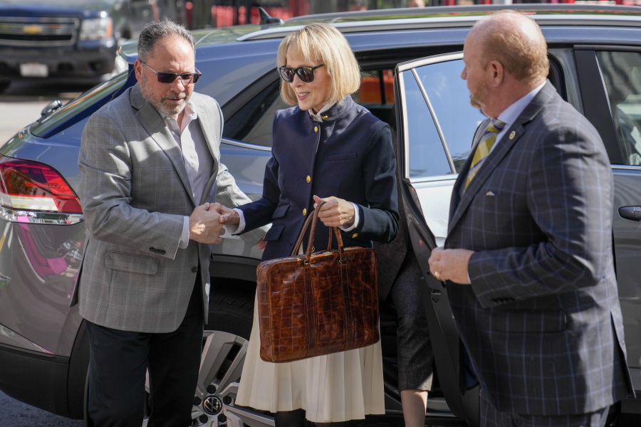Former advice columnist E. Jean Carroll arrives to Manhattan federal court, Monday, May 1, 2023, in New York.