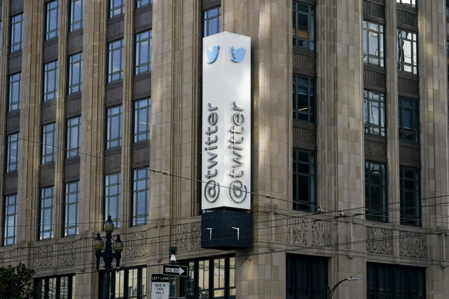 FILE - Twitter headquarters is shown in San Francisco on Nov. 4, 2022. Elon Musk has hinted that Twitter might not keep its headquarters in San Francisco forever. Speaking virtually, Tuesday, May 23, 2023, at the Wall Street Journal's CEO Council Summit in London, Musk gave a noncommittal answer to an interviewer's question about whether the company will stay in the California city.