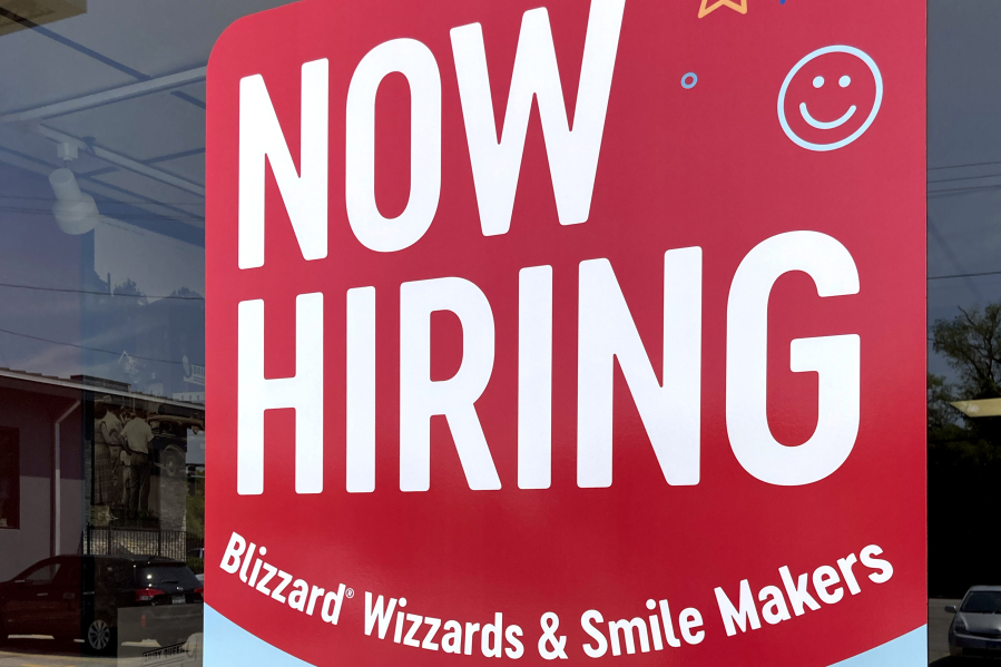 A hiring sign is displayed at a fast food restaurant in Northbrook, Ill., Monday, May 22, 2023. On Thursday, the Labor Department reports on the number of people who applied for unemployment benefits last week. (AP Photo/Nam Y.