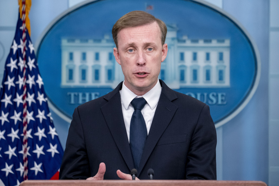 FILE - White House national security adviser Jake Sullivan speaks at a press briefing at the White House in Washington, April 24, 2023. Sullivan and senior Chinese foreign policy adviser Wang Yi held talks in Vienna this week, the latest in a series of small signs that tensions could be easing between the world's two biggest economies.
