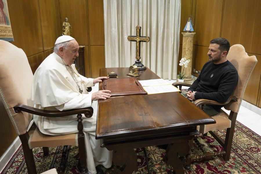 This image made available by Vatican News shows Pope Francis meeting Ukrainian President Volodymyr Zelenskyy during a private audience at The Vatican, Saturday, May 13, 2023. Francis recently said that the Vatican has launched a behind-the-scenes initiative to try to end the war launched last year by Russia.