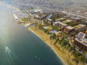 A rendering of the Port of Camas-Washougal depicts future commercial, retail and residential developments. The port's trajectory toward sustainable operations includes the Community Solar East project, a plan to establish a 799-kilowatt solar grid at its industrial park in partnership with Clark Public Utilities.