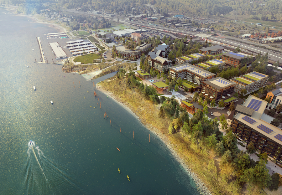 A rendering of the Port of Camas-Washougal depicts future commercial, retail and residential developments. The port's trajectory toward sustainable operations includes the Community Solar East project, a plan to establish a 799-kilowatt solar grid at its industrial park in partnership with Clark Public Utilities.