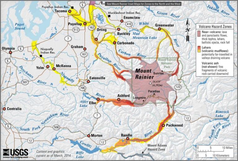 This map shows areas that could be affected by debris flows, lahars, lava flows, and other hazards from Mount Rainier if events similar in size to past events occurred today.