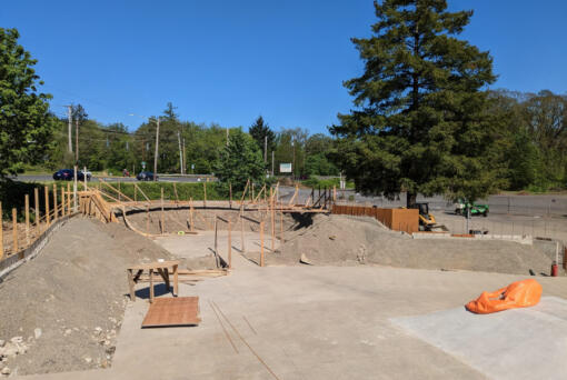 A construction crew works on the Riverside Bowl Skatepark, at 2900 N.E. Third Ave., on May 21. Washougal skateboarder Tim Laidlaw has been documenting the project, which has skateboarders concerned about the final product.
