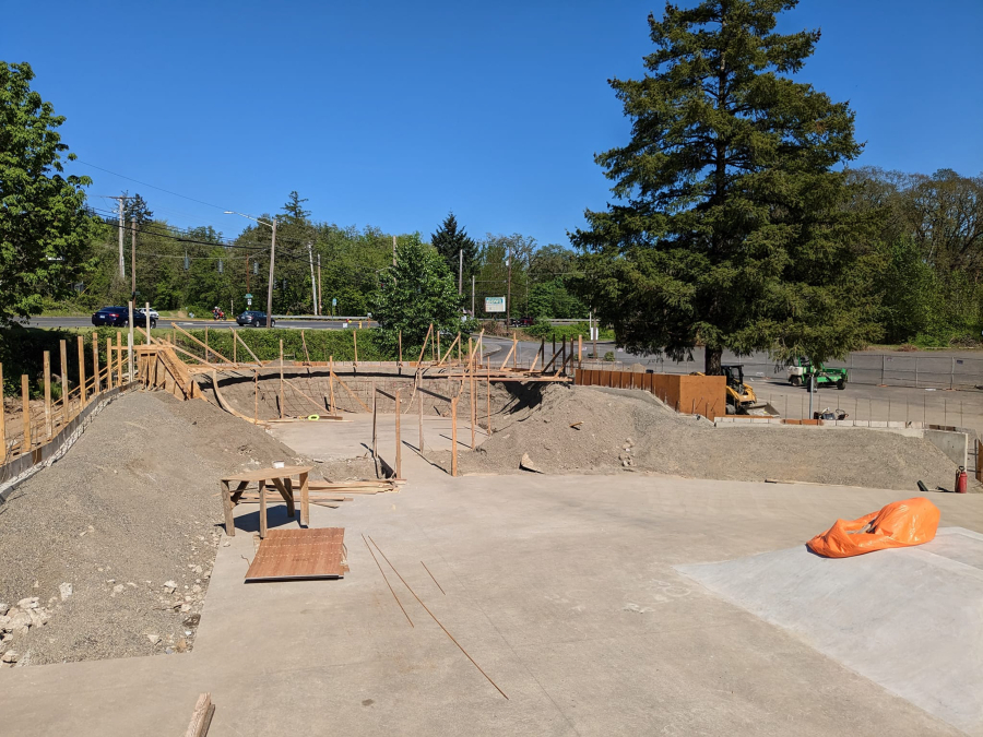 A construction crew works on the Riverside Bowl Skatepark, at 2900 N.E. Third Ave., on May 21. Washougal skateboarder Tim Laidlaw has been documenting the project, which has skateboarders concerned about the final product.
