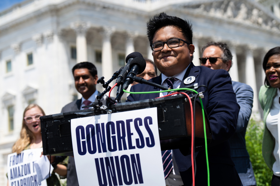 Philip Bennett, president of the Congressional Workers Union, speaks during a news conference about the union outside the U.S. Capitol on July 19, 2022, in Washington, D.C.