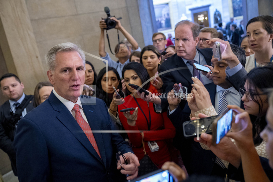 House Speaker Kevin McCarthy of Calif. speaks to reporters outside his office on Capitol Hill in Washington, Wednesday, June 7, 2023.