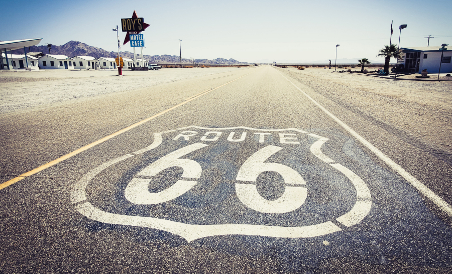 Passing cars are few along a stretch of historic Route 66 in the ghostly crossroads of Amboy in the Mojave Desert, about an hour north of Joshua Tree National Park.