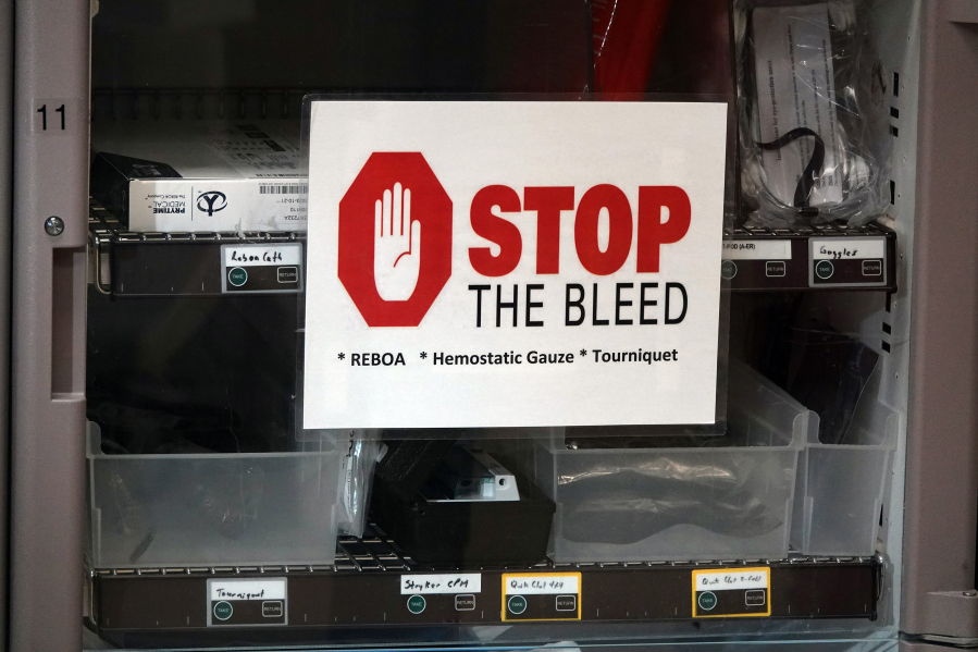 A Stop the Bleed sign is seen at Memorial Regional Hospital in the emergency room, Thursday, June 1, 2023.