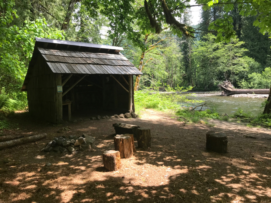 Bolt Camp shelter was built in 1931 at the location of a red cedar bolt processing site and restored by volunteers in 1991 and 2013.