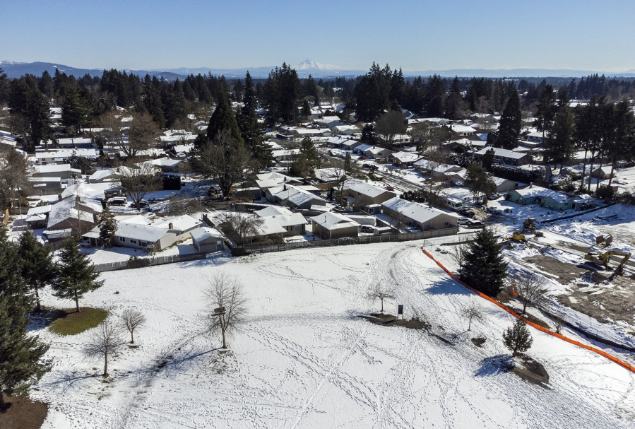 A blanket of snow covers Walnut Grove Neighborhood Park in Vancouver on Feb. 24.