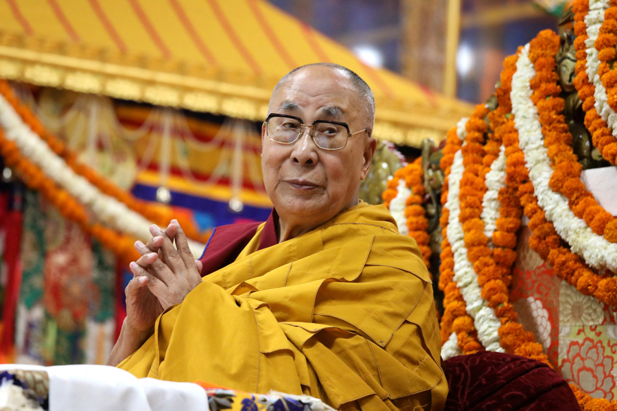 Tibetan spiritual leader Dalai Lama attends a prayer ceremony offered to him for his long life at the Main Tibetan Temple in McLeod Ganj on May 24, 2023.