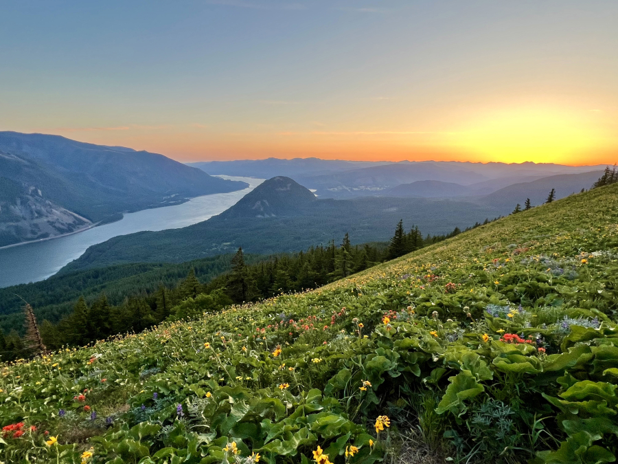 The sun sets over the Columbia River George in May as seen from Dog Mountain.
