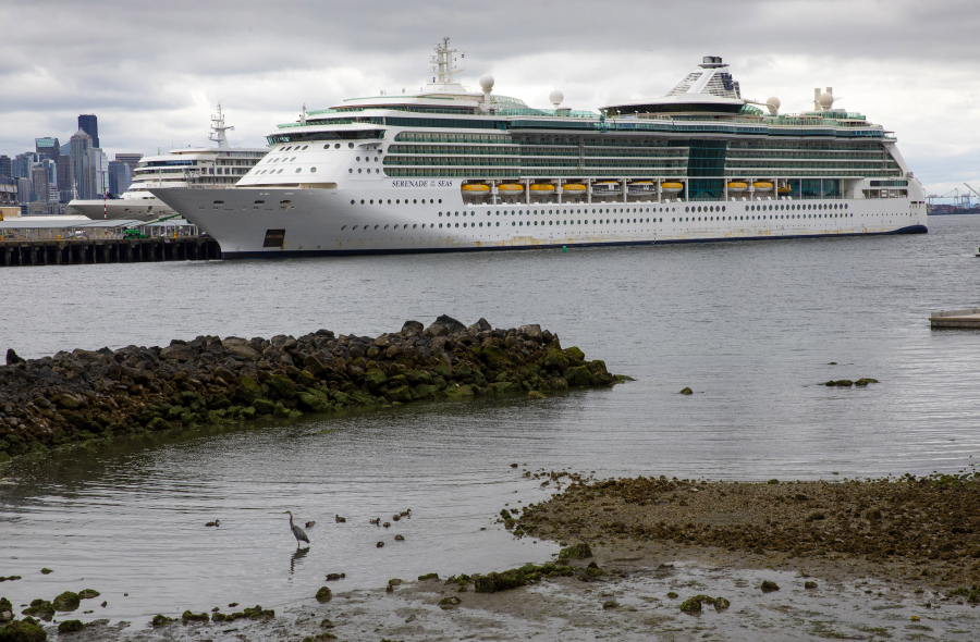 Royal Caribbean's ship, Serenade of the Seas, sits tied up at Seattle's Pier 91 in Seattle, on July 7, 2021.  (Ellen M.