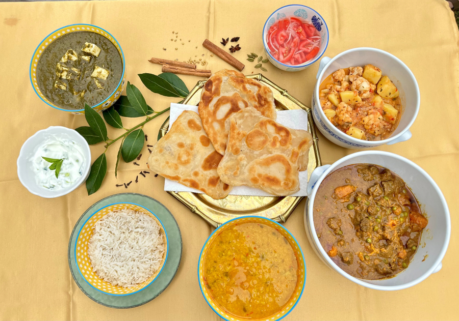 Pop-up shop Nanna's Curries serves palak paneer, raita, dal, beef curry, rice and paratha.