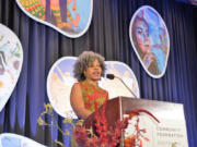 Keynote speaker Majora Carter, a community revitalization strategist, speaks to the audience at the Community Foundation for Southwest Washington's annual luncheon.
