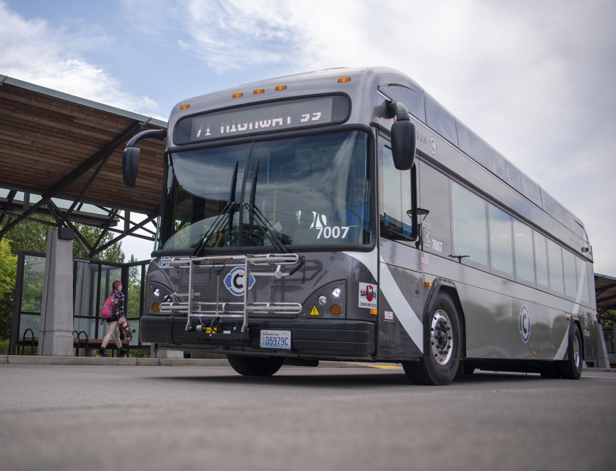 A new fully electric C-Tran bus pulls away from its stop earlier this month at the 99th Street Transit Center in Vancouver.