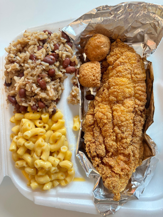 Fried catfish, mac and cheese, rice and peas from Krisey's Kitchen food cart in Vancouver.
