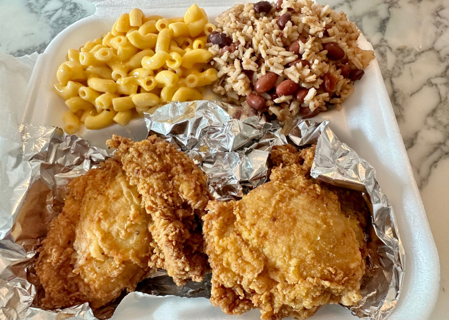 Fried chicken, mac and cheese, rice and peas (Rachel Pinsky)